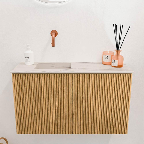 Mondiaz JOYA-DLUX 70cm toiletmeubel - kleur Oak - Wastafel FAYE positie Links Zonder kraangat kleur Nata. SW1424004