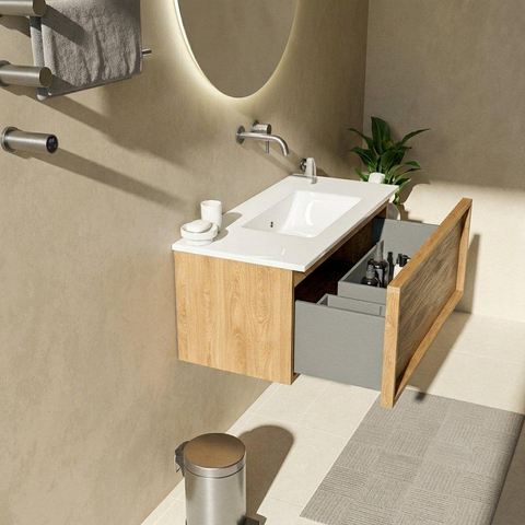 Saniclass Holz Frame Ensemble meuble de salle de bains - 100x45x42cm - lavabo Vygo en céramique blanc - 1 vasque - sans trou de robinet - 1 tiroir - chêne natural mat (bois) SW1437751