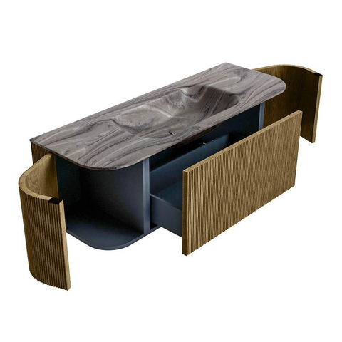 MONDIAZ KURVE-DLUX Meuble de salle de bains 130cm arrondi Gauche + Droite couleur Dusk avec 1 tiroir et 2 portes. Vasque BIG SMALL Centre sans trou de robinet Sombra. SW1433841