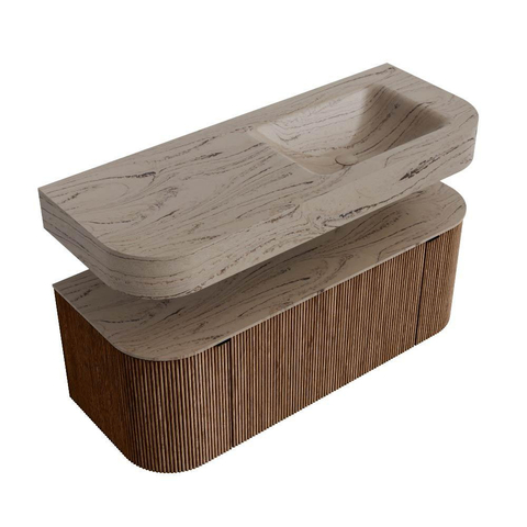 MONDIAZ THOR-DLUX 120cm meuble de salle de bains arrondi gauche + droite couleur Walnut avec 1 tiroir et 2 portes. Vasque suspendue CLOUD Droite 1 trou de robinet couleur Arena. SW1463394