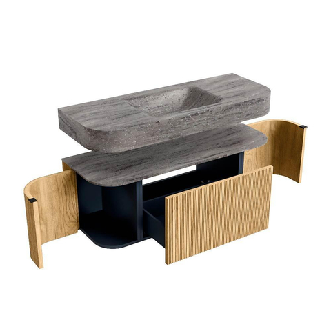 MONDIAZ THOR-DLUX 120cm badmeubel ronding links + rechts kleur Oak met 1 lade en 2 deuren. Vrijhangende wastafel CLOUD Midden zonder kraangat kleur Oza. SW1463383