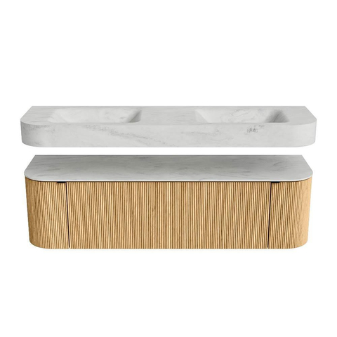 MONDIAZ THOR-DLUX 160cm badmeubel ronding links + rechts kleur Oak met 1 lade en 2 deuren. Vrijhangende wastafel CLOUD Dubbel 2 kraangaten kleur Opalo. SW1464970