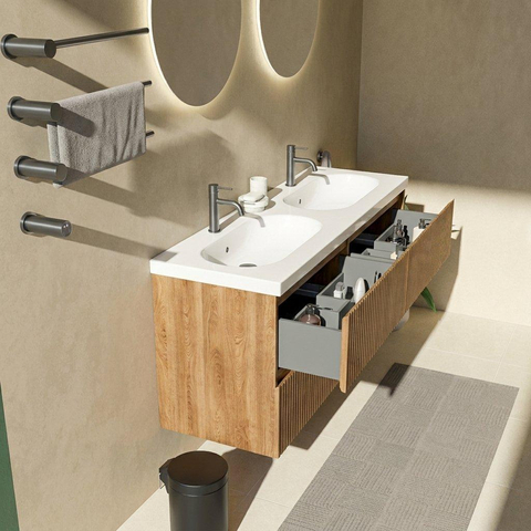 Saniclass Holz Atelier Badkamermeubelset - 140x45x63.5cm - Palermo keramische wastafel wit - 2 wasbakken - 2 kraangaten - 4 lades - mat eiken natural (hout) SW1579429