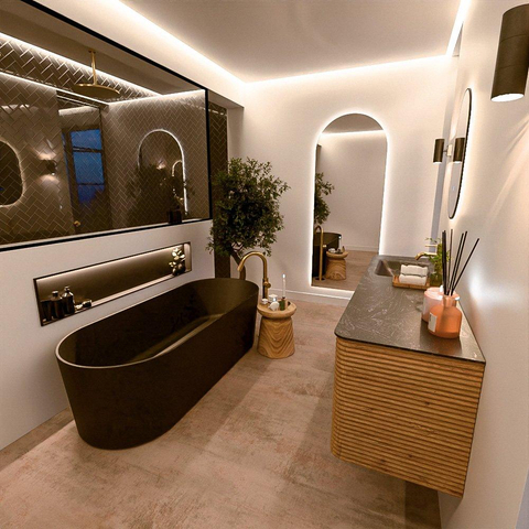 Mondiaz CIRO-DLUX Meuble de salle de bains - 160x45x50cm - Plan vasque solid surface Lava - 1 lavabo à gauche - 1 trou de robinet - 4 tiroirs - Chêne SW1530963