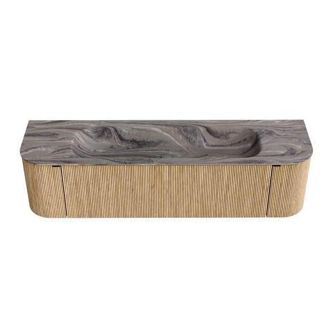 MONDIAZ KURVE-DLUX meuble de salle de bains 170cm arrondi Gauche + Droite couleur Chêne avec 1 tiroir et 2 portes. Lavabo BIG LARGE Central 2 trous de robinet Sombra. SW1433595