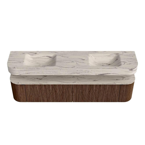 MONDIAZ THOR-DLUX 200cm meuble de salle de bains arrondi gauche + droite couleur Walnut avec 2 tiroirs et 2 portes. Vasque suspendue CLOUD Double sans trou de robinet couleur Nata. SW1467155