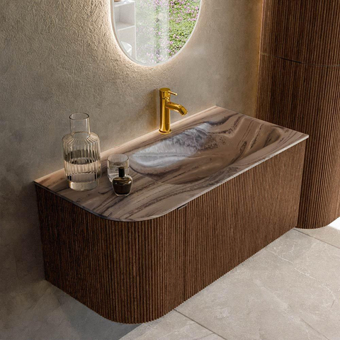 MONDIAZ KURVE-DLUX Meuble de salle de bains 95cm arrondi à gauche couleur Walnut avec 1 tiroir et 1 porte. Lavabo BIG SMALL à droite 1 trou de robinet Sombra. SW1433646