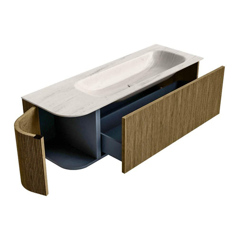 MONDIAZ KURVE-DLUX 135cm badmeubel ronding Links kleur Dusk met 1 lade en 1 deur. Wastafel BIG MEDIUM Rechts 1 kraangat Meli. SW1431900
