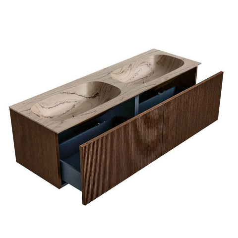 MONDIAZ KURVE-DLUX 140cm meuble de salle de bains couleur Walnut avec 2 tiroirs et 0 portes. Lavabo STOR SMALL Double sans trou de robinet Arena. SW1431234