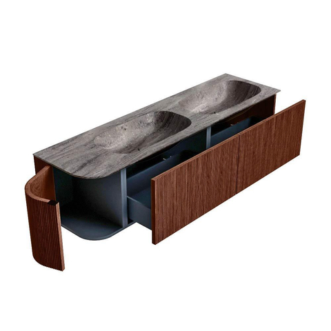 MONDIAZ KURVE-DLUX Meuble de salle de bains 165cm arrondi à gauche couleur Ruby avec 2 tiroirs et 1 porte. Lavabo STOR SMALL Double / Droite 2 trous de robinet Oza. SW1432840