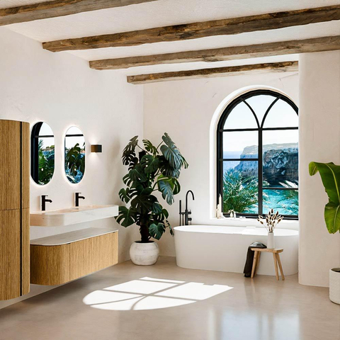MONDIAZ THOR-DLUX 140cm meuble de salle de bains arrondi gauche + droite couleur Oak avec 1 tiroir et 2 portes. Vasque suspendue CLOUD Double 2 trous de robinet couleur Meli. SW1464409