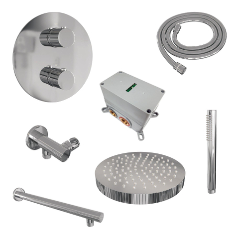 BRAUER Stripe Thermostatische Inbouw Regendouche - 3-weg - rond - SET 37 - 25cm douchekop - rechte muurarm - staaf handdouche - doucheslang - wandaansluitbocht - chroom SW1434774