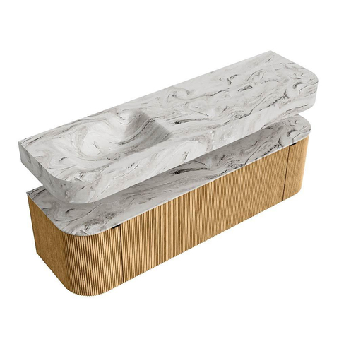 MONDIAZ THOR-DLUX 160cm badmeubel ronding links + rechts kleur Oak met 1 lade en 2 deuren. Vrijhangende wastafel CLOUD Links 1 kraangat kleur Glace. SW1464954