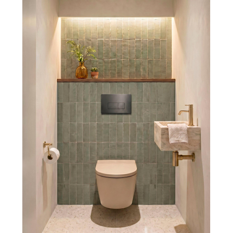 QeramiQ Dely Toiletset - 36.3x51.7cm - diepspoel - rimless - Geberit UP720 inbouwreservoir - softclose toilet zitting - gunmetal bedieningsplaat - rechthoekige knoppen - mat beige SW1426531