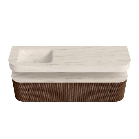 MONDIAZ THOR-DLUX 170cm meuble de salle de bains arrondi gauche + droite couleur Walnut avec 1 tiroir et 2 portes. Vasque suspendue CLOUD gauche 1 trou de robinet couleur Meli. SW1465744