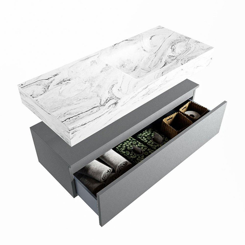 Mondiaz ALAN-DLUX Ensemble de meuble - 110cm - meuble Plata mat - 1 tiroir - Lavabo Cloud Glace suspendu - vasque Droite - 0 trous de robinet SW806110