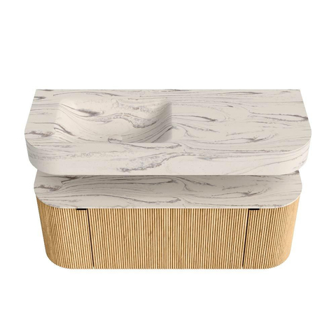 MONDIAZ THOR-DLUX 120cm meuble de salle de bains arrondi gauche + droite couleur Oak avec 1 tiroir et 2 portes. Vasque suspendue CLOUD Gauche sans trou de robinet couleur Nata. SW1463322