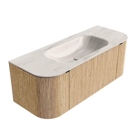MONDIAZ KURVE-DLUX Meuble de salle de bains 120 cm arrondi Gauche + Droite couleur Chêne avec 1 tiroir et 2 portes. Lavabo BIG SMALL Central 1 trou de robinet Meli. SW1431613