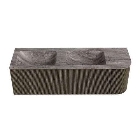 MONDIAZ KURVE-DLUX 145cm badmeubel ronding Rechts kleur Shadow met 1 lade en 1 deur. Wastafel LEAF Dubbel / Links 2 kraangaten Oza. SW1432922