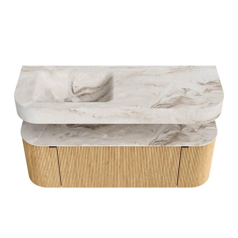 MONDIAZ THOR-DLUX 130cm badmeubel ronding links + rechts kleur Oak met 1 lade en 2 deuren. Vrijhangende wastafel CLOUD Links 1 kraangat kleur Frappe. SW1463540