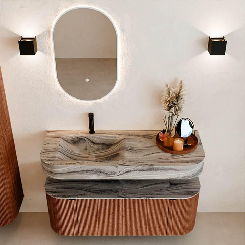 MONDIAZ THOR-DLUX 120cm meuble de salle de bains arrondi gauche + droite couleur Ruby avec 1 tiroir et 2 portes. Vasque suspendue CLOUD Gauche 1 trou de robinet couleur Sombra. SW1463658