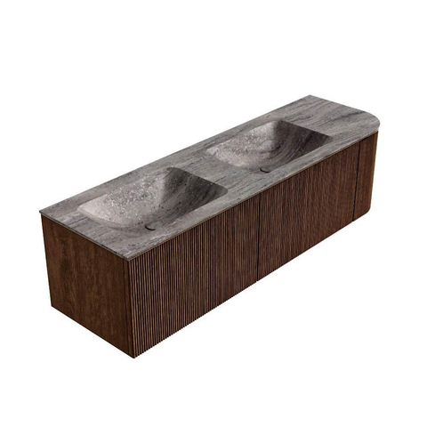 MONDIAZ KURVE-DLUX 155cm badmeubel ronding Rechts kleur Walnut met 2 lades en 1 deur. Wastafel LEAF Dubbel / Links 2 kraangaten Oza. SW1432485