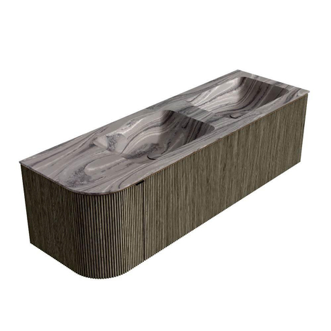 MONDIAZ KURVE-DLUX Meuble de salle de bains 145cm arrondi à gauche couleur Shadow avec 1 tiroir et 1 porte. Lavabo LEAF Double / Droite 2 trous de robinet Sombra. SW1433797