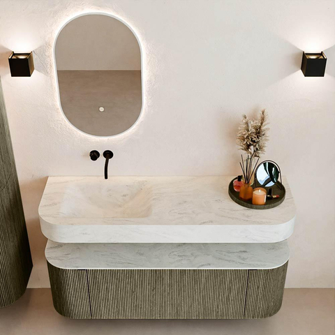 MONDIAZ THOR-DLUX 140cm meuble de salle de bains arrondi gauche + droite couleur Shadow avec 1 tiroir et 2 portes. Vasque suspendue CLOUD Gauche sans trou de robinet couleur Opalo. SW1464202