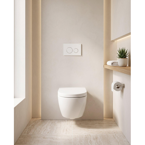 Pack WC QeramiQ Dely Swirl Compact - réservoir encastrable Geberit UP320 - avec bâti-support Burda - abattant slim - plaque de commande en plastique blanc brillant - boutons ronds - blanc mat SW1591101