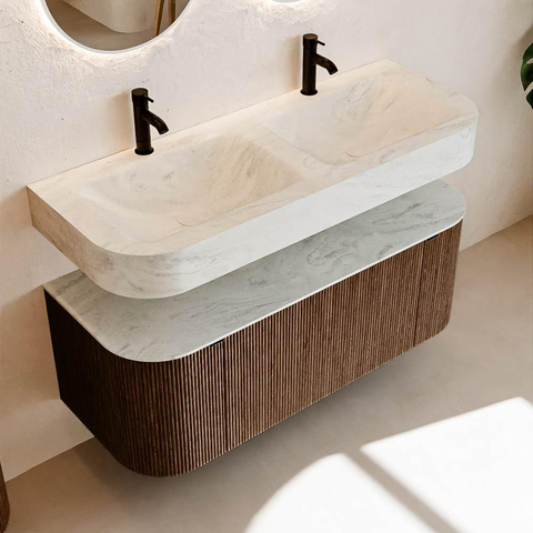 MONDIAZ THOR-DLUX 120cm meuble de salle de bains arrondi gauche + droite couleur Walnut avec 1 tiroir et 2 portes. Vasque suspendue CLOUD Double 2 trous de robinet couleur Opalo. SW1463203