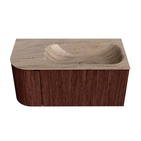 MONDIAZ KURVE-DLUX Meuble de salle de bains 95cm arrondi à gauche couleur Ruby avec 1 tiroir et 1 porte. Lavabo BIG SMALL à droite 1 trou de robinet Saba. SW1433449