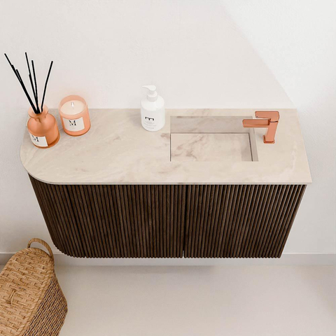 Mondiaz JOYA-DLUX Meuble de salle de bains 71,6cm - arrondi gauche couleur Noyer - Vasque FAYE position Droite 1 trou de robinet couleur Frappe SW1422299