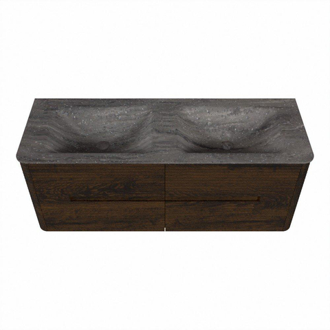 Mondiaz CIRO-DLUX Badkamermeubelset - 130x45x50cm - Solid surface wastafel Oza - 2 wasbak Dubbel - 2 kraangaten - 4 lades - Walnut SW1530616