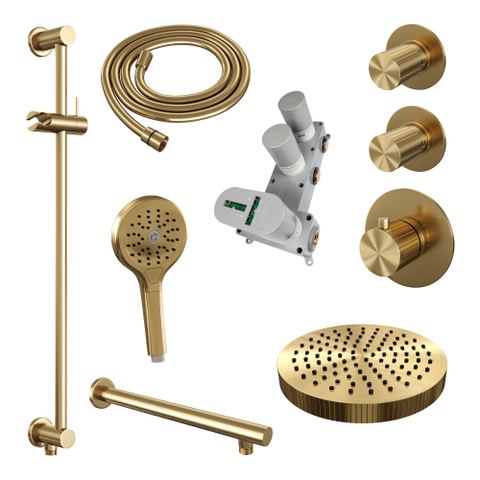 BRAUER Stripe Douche de pluie encastrée thermostatique - SET 10 - pomme de douche 25cm - bras mural droit - douchette 3 jets - flexible de douche - barre de douche intégrée - or brossé PVD SW1434844