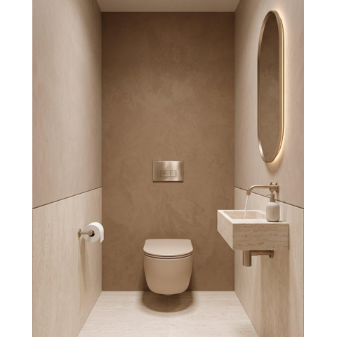 QeramiQ Dely Swirl Ensemble WC - 36.3x51.7cm - Réservoir encastré Geberit UP320 - Abattant fin - Plaque de commande en laiton brossé - Boutons rectangulaires - Beige SW1130221