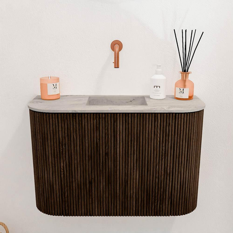 Mondiaz JOYA-DLUX 63.2cm toiletmeubel - ronding links en rechts kleur Walnut - Wastafel FAYE positie Midden Zonder kraangat kleur Glace. SW1422408