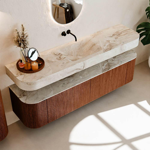 MONDIAZ THOR-DLUX 180cm meuble de salle de bains arrondi gauche + droite couleur Ruby avec 2 tiroirs et 2 portes. Vasque suspendue CLOUD Centre sans trou de robinet couleur Frappe. SW1466026