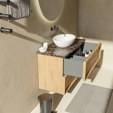 Saniclass Holz Frame Ensemble meuble de salle de bains - 100x45x63cm - Plan en pierre naturelle Noche dark emperador - sans trou de robinet - 2 tiroirs - chêne natural mat (bois) SW1579871