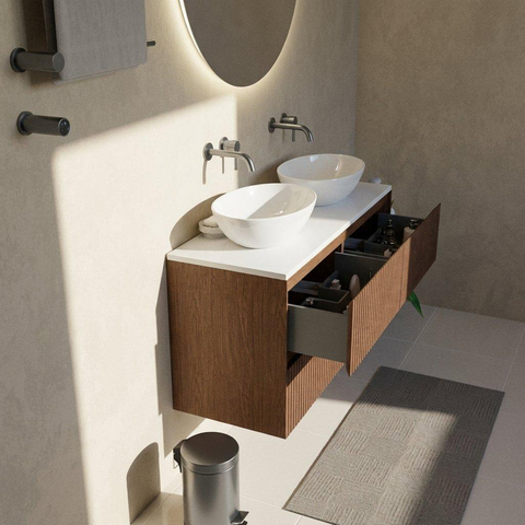 Saniclass Holz Atelier Ensemble de meubles de salle de bains - 120x45x62.5cm - plan de travail Torino en solid surface blanc - sans trou de robinet - 2 tiroirs - walnut pure mat (bois) SW1478713