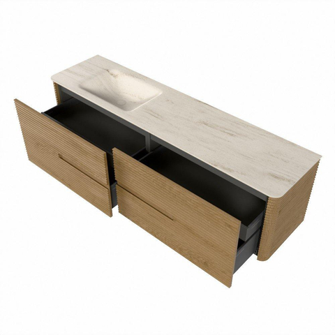 Mondiaz CIRO-DLUX Meuble de salle de bains - 180x45x50cm - lavabo solid surface Meli - 1 vasque à gauche - 1 trou de robinet - 4 tiroirs - Chêne SW1531427