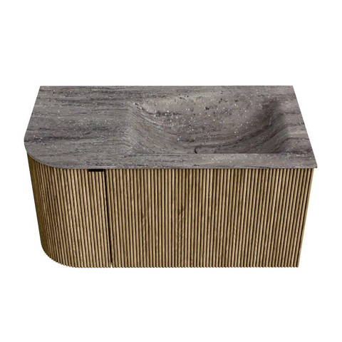 MONDIAZ KURVE-DLUX Meuble de salle de bains 85cm arrondi Gauche couleur Dusk avec 1 tiroir et 1 porte. Lavabo CLOUD Droite 1 trou de robinet Oza. SW1432957