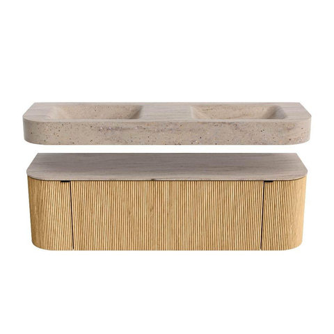 MONDIAZ THOR-DLUX 150cm meuble de salle de bains arrondi gauche + droite couleur Oak avec 1 tiroir et 2 portes. Vasque suspendue CLOUD Double sans trou de robinet couleur Saba. SW1464858