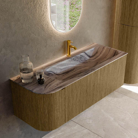 MONDIAZ KURVE-DLUX Meuble de salle de bains 125cm arrondi à gauche couleur Dusk avec 1 tiroir et 1 porte. Lavabo BIG MEDIUM à droite 1 trou de robinet Sombra. SW1433860