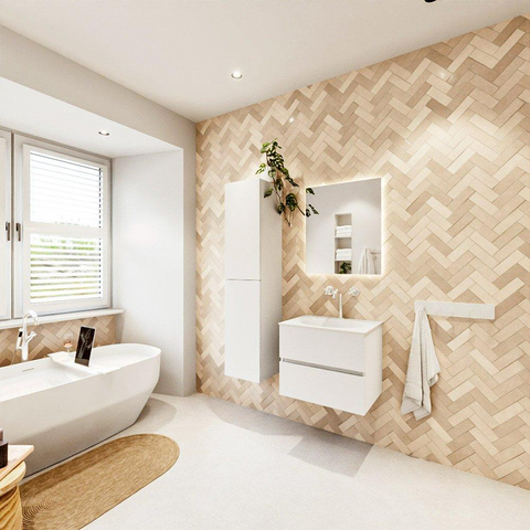 MONDIAZ VICA meuble sous lavabo 60cm Talc 2 tiroirs. Lavabo MOON centre 1 trou de robinet, couleur Talc. SW1381811