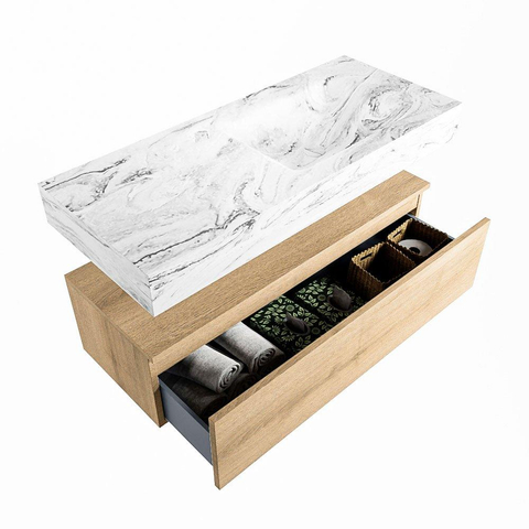 Mondiaz ALAN-DLUX Ensemble de meuble - 110cm - meuble Washed Oak mat - 1 tiroir - Lavabo Cloud Glace suspendu - vasque Droite - 0 trous de robinet SW808825