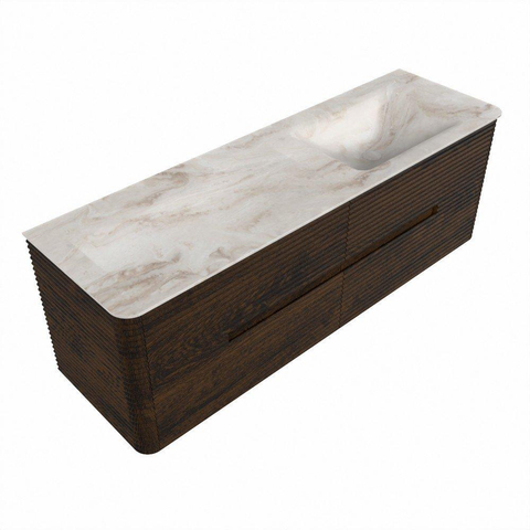 Mondiaz CIRO-DLUX Badkamermeubelset - 150x45x50cm - Solid surface wastafel Frappe - 1 wasbak Rechts - 1 kraangat - 4 lades - Walnut SW1530211