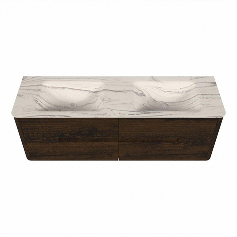 Mondiaz CIRO-DLUX Badkamermeubelset - 150x45x50cm - Solid surface wastafel Nata - 2 wasbak Dubbel - 2 kraangaten - 4 lades - Walnut SW1530567