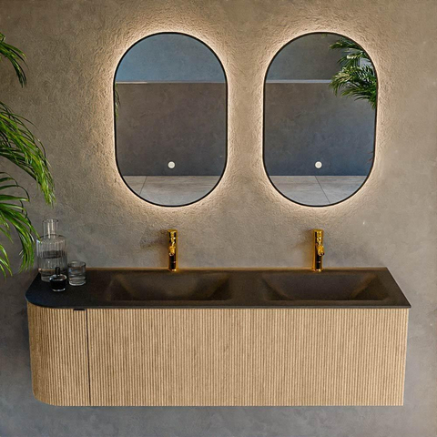 MONDIAZ KURVE Meuble de salle de bains 145 cm avec module 25 L couleur Chêne avec 1 tiroir et 1 porte. Lavabo CLOUD double / à droite 2 trous de robinet Urban. SW1138422