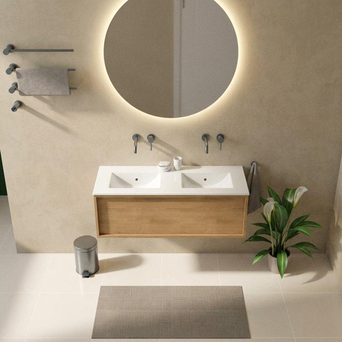 Saniclass Holz Frame Ensemble de meubles de salle de bains - 120x45x42cm - Vygo vasque en céramique blanche - 2 vasques - sans trous de robinet - 1 tiroir - chêne natural mat (bois) SW1441847