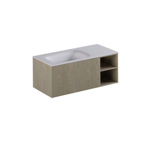 Thebalux Linea Ensemble de meubles de salle de bains - 120x55x46cm - 1 tiroir - sans poignée - Façade rainurée verticale - lavabo Corian - gauche - sans trou de robinetterie - Placage Natural SW1239570